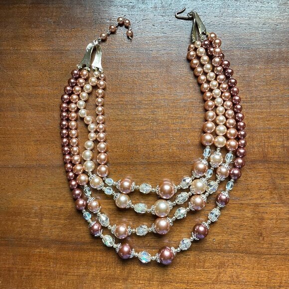 Vintage 1950s Multi-Strand Faux Pearl & Crystal Bead Necklace. - Picture 1 of 4